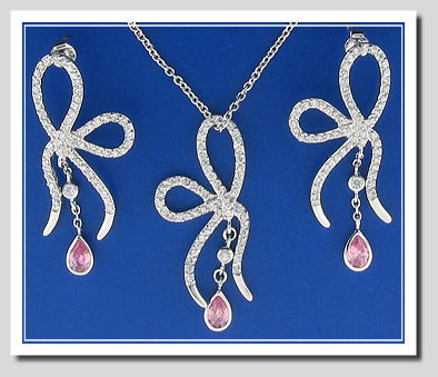 Bridal Set: Bow Style Earrings Pendant Chain. White Citrons & Pink Crystals. 925 Silver