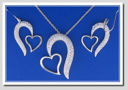 Bridal Set: Double Heart Earrings Pendant Chain. White Zircons.  925 Silver