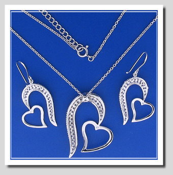 Bridal Set: Double Heart Earrings Pendant Chain. White Zircons.  925 Silver