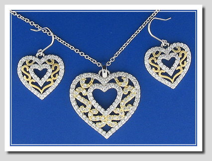 Bridal Set: Double Heart Earrings Pendant Chain. White Zircons. 925 Silver