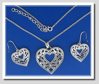 Bridal Set: Double Heart Earrings Pendant Chain. White Zircons. 925 Silver