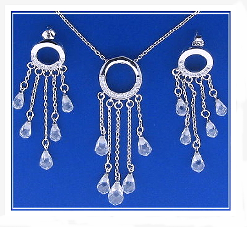Bridal Set: Dangle Earrings Pendant Chain. White Zircons & Crystals. 925 Silver