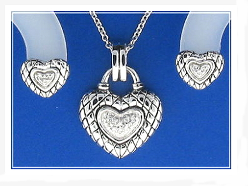 Bridal Set: Euro Antique Style Heart Earrings Pendant Chain. White Zircons. 925 Silver