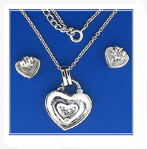 Bridal Set: Euro Antique Style Heart Earrings Pendant Chain. White Zircons. 925 Silver