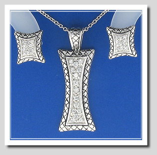 Bridal Set: Euro Antique Style Earrings Pendant Chain. White Zircons. 925 Silver