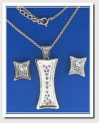 Bridal Set: Euro Antique Style Earrings Pendant Chain. White Zircons. 925 Silver