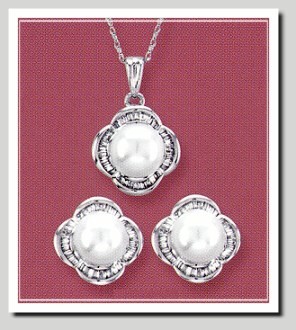 AAA 7-7.5MM FW Pearl & Diamond Earrings/Pendant Set 14K White Gold