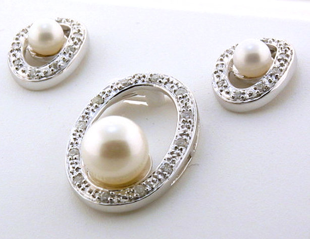 AAA 6-8MM FW Pearl & Diamond O-Style Earrings/Pendant Set 14K White Gold