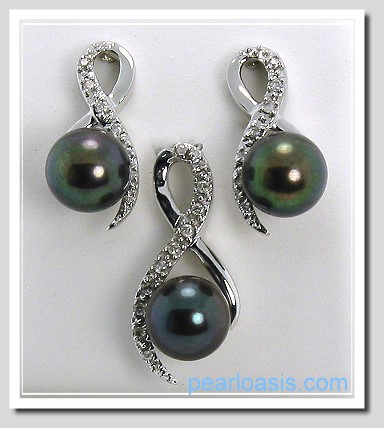 AAA 6.5-7MM Black FW Pearl & Diamond Pendant/Earrings Set 14K White Gold
