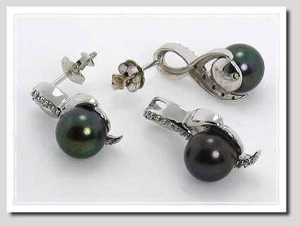 AAA 6.5-7MM Black FW Pearl & Diamond Pendant/Earrings Set 14K White Gold
