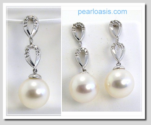 AAA 9-9.5MM Freshwater Pearl Diamond Earrings & Pendant Set 14K White Gold