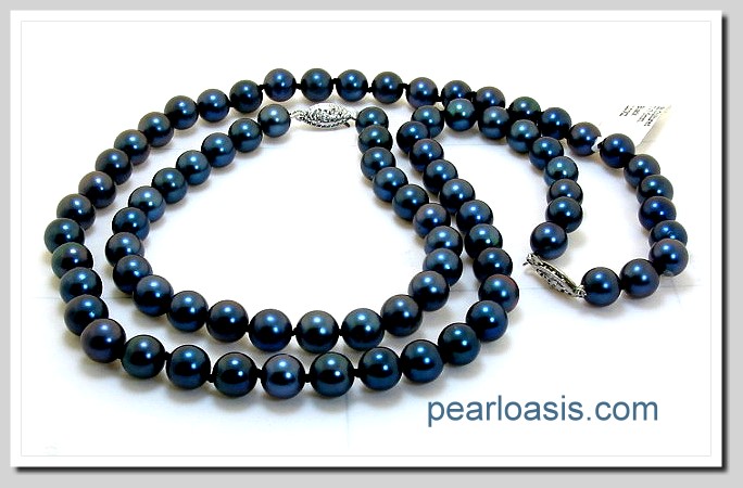 AA 7-7.5MM Black Akoya Pearl Necklace 18in / Bracelet 8in Set 14K Clasps