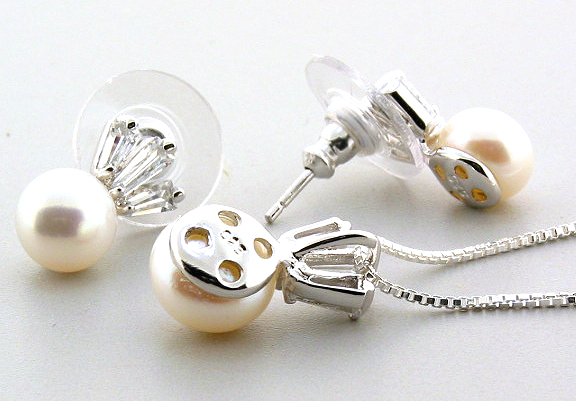 7-9MM White Freshwater Pearl CZ Earrings Pendant Chain Set, Silver