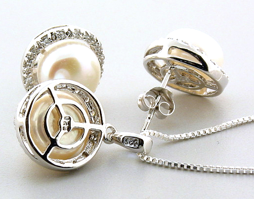 9-10MM White Freshwater Pearl CZ Earrings Pendant Chain Set, Silver