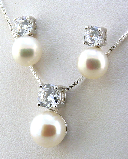 7-9MM White Freshwater Pearl CZ Earrings Pendant Chain Set, Silver