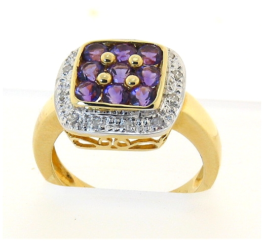 Genuine Amethyst and Diamond Ring 18K, Size 7.5