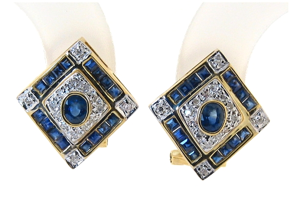 Genuine Sapphire and Diamond Earrings 14K, Diamond Shape