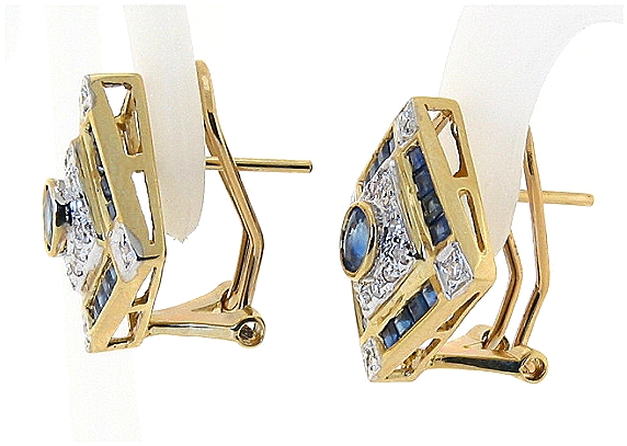 Genuine Sapphire and Diamond Earrings 14K, Diamond Shape