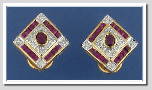 Genuine Ruby & Diamond Earrings in Diamond Shape 14K