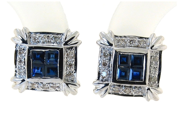 Beautiful Sapphire and Diamond Earrings, 14K White Gold w/Omega Clip