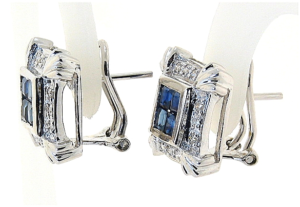 Beautiful Sapphire and Diamond Earrings, 14K White Gold w/Omega Clip