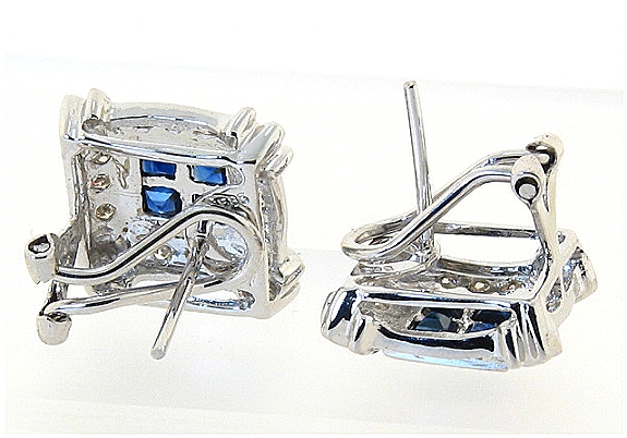 Beautiful Sapphire and Diamond Earrings, 14K White Gold w/Omega Clip