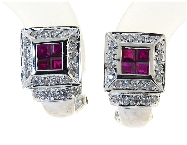 Beautiful Ruby and Diamond Earrings, 14K White Gold w/Omega Clip