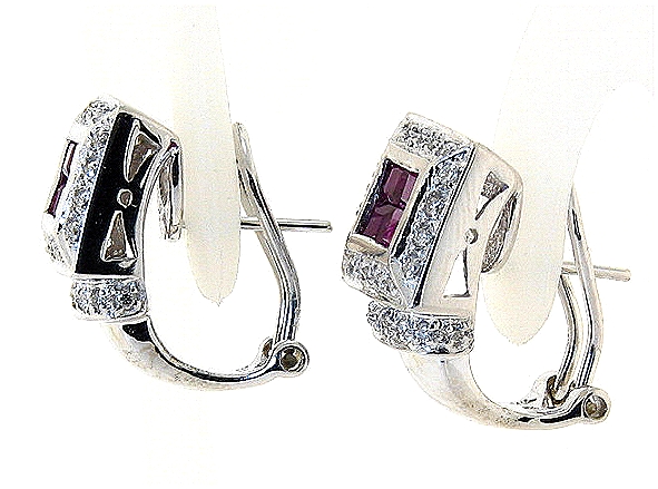 Beautiful Ruby and Diamond Earrings, 14K White Gold w/Omega Clip