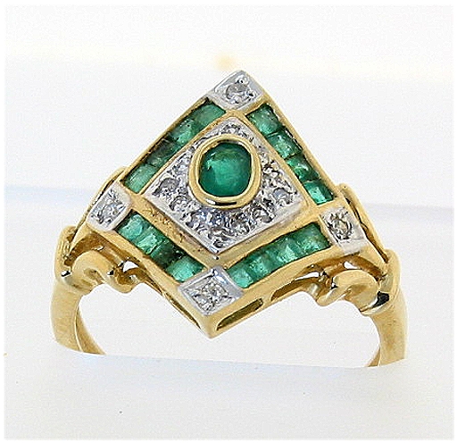 Genuine Emerald & Diamond Ring in Diamond Shape, 14K, Size 6.75