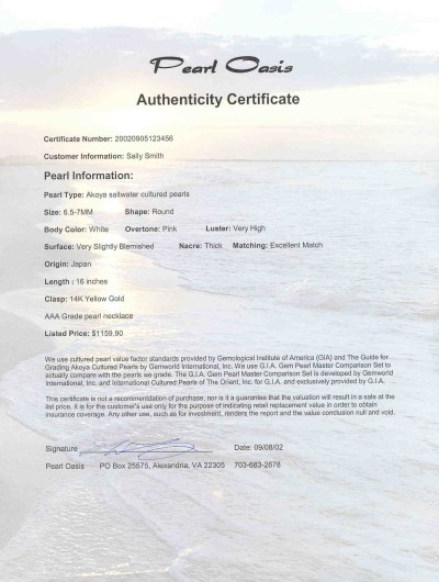 Pearl Oasis Certificate of pearl jewelry quality