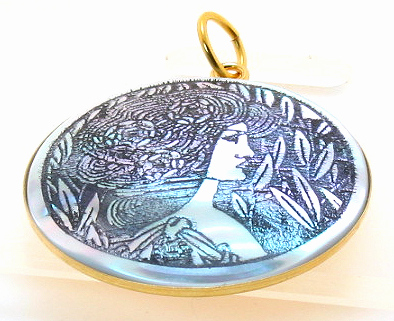 Art Etching Mother Of Pearl Pendant, Inspired from At by Beardsely