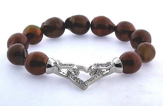 11X13MM Chocolate Brown Freshwater Pearl Bracelet, Silver Crystal Heart Clasp, 8in