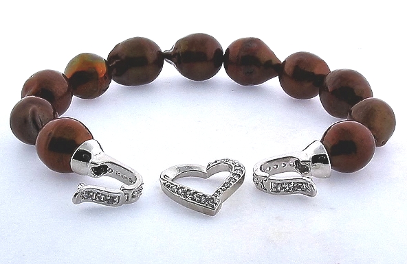 11X13MM Chocolate Brown Freshwater Pearl Bracelet, Silver Crystal Heart Clasp, 8in