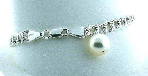 9.9MM White Freshwater Pearl Dangle Silver Bracelet, 7in