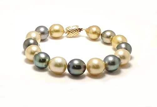 10.6X11.8MM - 11.6X12.6MM Black Tahitian & Gold South Sea Pearl Bracelet, 14K Clasp, 8in