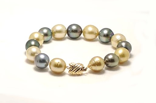 10.6X11.8MM - 11.6X12.6MM Black Tahitian & Gold South Sea Pearl Bracelet, 14K Clasp, 8in