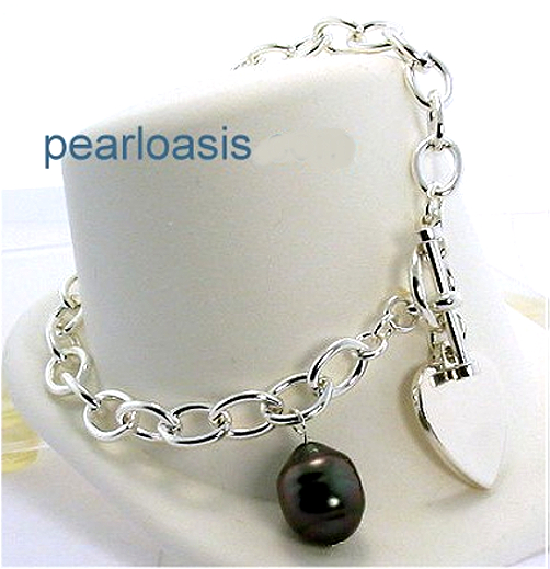 10.35X13.6MM Tahitian Pearl & Heart Sterling Silver Bracelet 8in