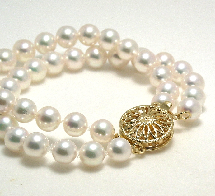 AAA 5.5-6MM Japanese Akoya Pearl Double Strand Bracelet, 14K Clasp 8in