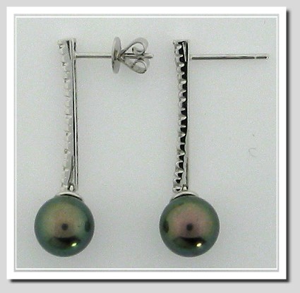 8MM Peacock Freshwater Pearl Diamond Dangle Earrings 14K White Gold 