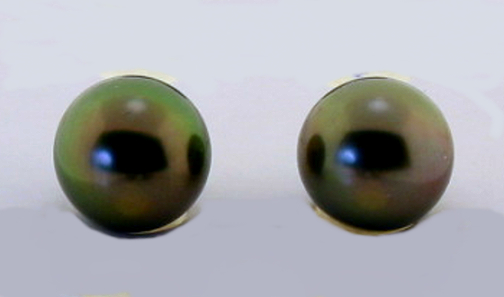 8.9MM Dark Gray/Green Tahitian Pearl Earring Studs, 14K Yellow or White Gold