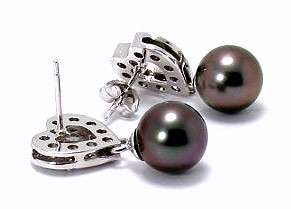 8.7MM Black/Red Tahitian Pearl Diamond Heart Earrings, 14K White Gold