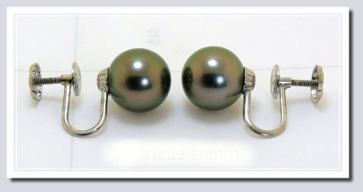 9.6MM Peacock Tahitian Pearl Earrings Screw-On 14K White Gold