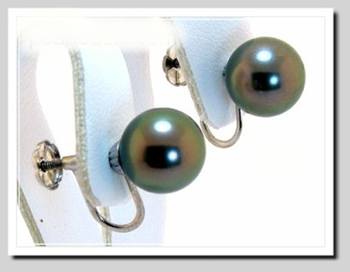 9.6MM Peacock Tahitian Pearl Earrings Screw-On 14K White Gold