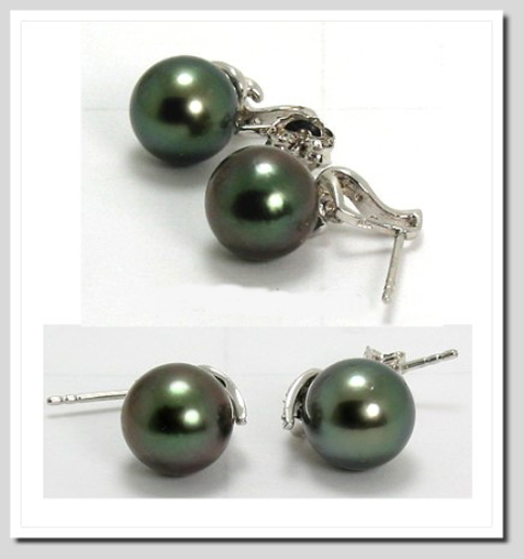 9.8MM Tahitian Pearl Charm Diamond Earrings 18K White Gold 