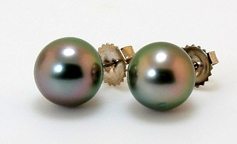 10.2MM Gray/Peacock Tahitian Pearl Earring Studs 14K White Gold