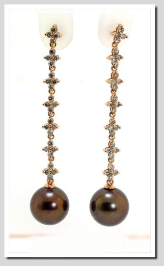 10.85MM Dark Chocolate Tahitian Pearl Diamond Earrings 1 ct. 18K Rose Gold