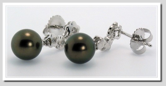 8.5MM Tahitian Pearl Diamond Earrings 14K White Gold 