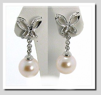 9MM White FW Pearl Diamond Earrings 14K White Gold