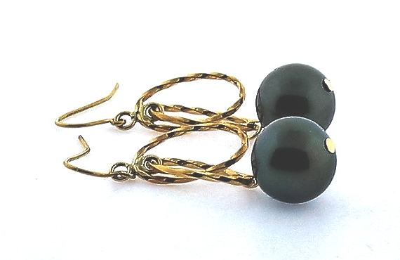 11.2MM Black Tahitian Pearl Gold Hoop Dangle Earrings, 10K Gold