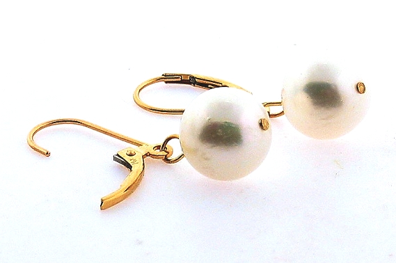 9.6-10MM White Freshwater Pearl Dangle Earrings, 14K Yellow Gold Leverbacks